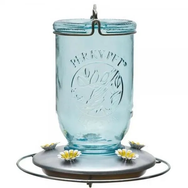 Antique Wide Blue Glass Hummingbird Feeder