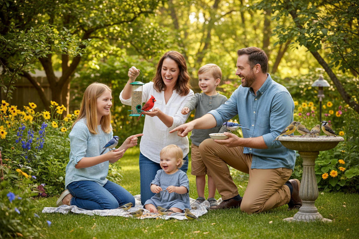 family all having fun feeding wild birds